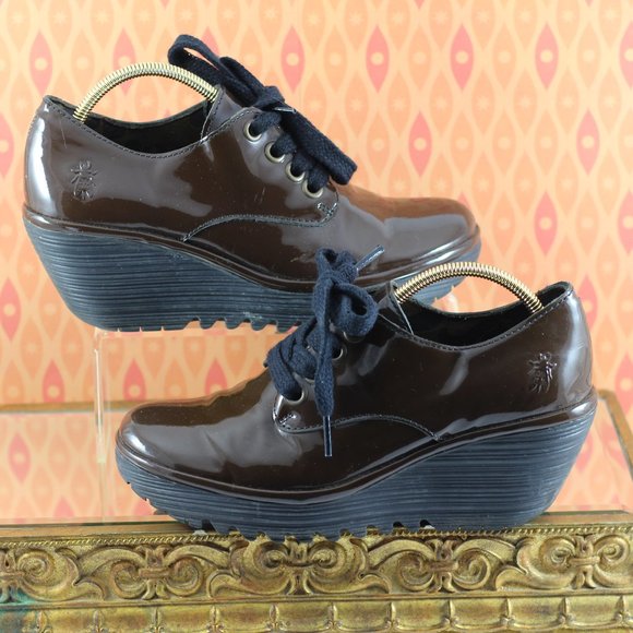 Fly London Chocolate Brown Patent Leather Wedges - Picture 9 of 16